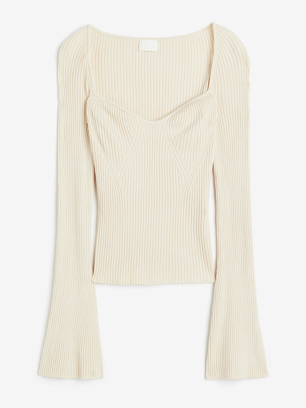 H&M Cream Ribbed sweater with a sweetheart neckline and long flared sleeves.